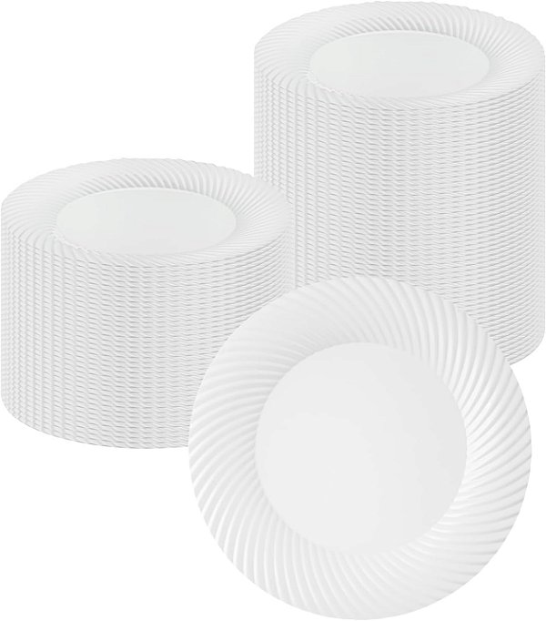 Pratos Descartáveis Premium de 9 Polegadas Moderna, 40 Pratos de Plástico Redondos para Festas - Padrão de Ondas, Resistente, Pratos de Jantar de Plástico Branco, Para Alimentos Quentes e F