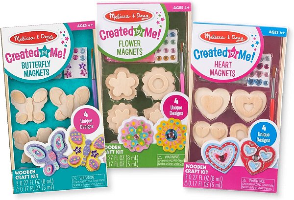 Melissa & Doug Criado Por Mim! Pinte e Decore Seu Próprio Kit de Artesanato de Ímãs de Madeira - Borboletas, Corações, Flores - Kits de Artesanato para Crianças, Ót