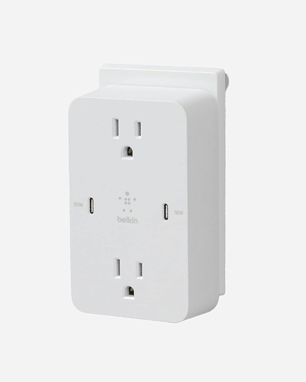 Adaptador de Plugue Belkin Multi-Outlet Extender, Carregador Rápido USB-C - Carregamento Seguro para MacBook Pro, Chromebook, Apple iPhone 15, iPhone 14, iPhone 13, Samsung Galaxy S23, Tablet e outros dispositivos -