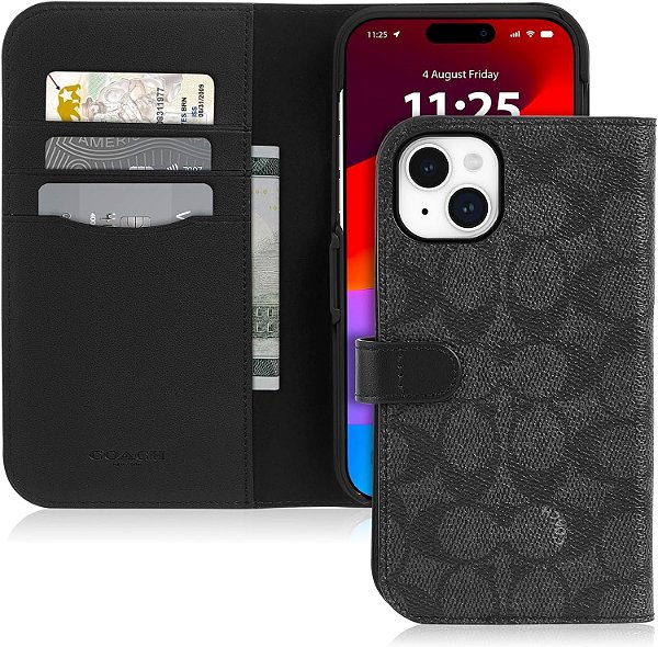 Capa para iPhone 15 em lona de assinatura, carteira destacável de duas peças para iPhone, compatível com carregamento sem fio - Carvão de Assinatura