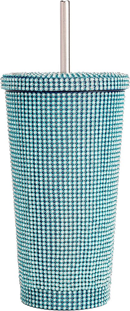 Caneca com tampa e canudo de água Paris Hilton Diamond Bling, em aço inoxidável isolado a vácuo, ornamentado com mais de 3700 strass, 16,9 onças, azul.
