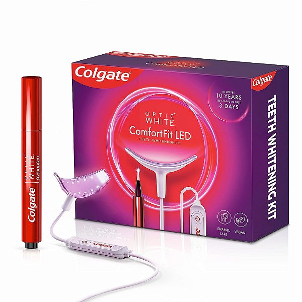 Kit de clareamento dental Colgate Optic White ComfortFit com luz LED e caneta clareadora, seguro para o esmalte, compatível com iPhone e Android