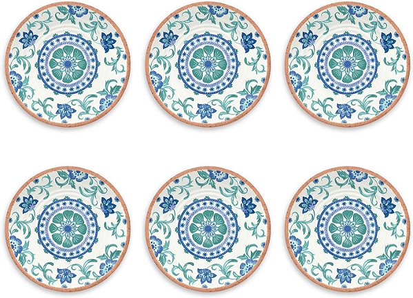 Prato de Salada Floral Turquesa TarHong Rio, 8.5, Melamina, Conjunto de 6