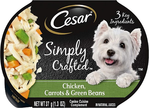 CESAR SIMPLY CRAFTED Complemento de refeição molhada para cães adultos, Frango, Cenoura e Feijão Verde, 1.3 oz., Pacote com 10 unidades.