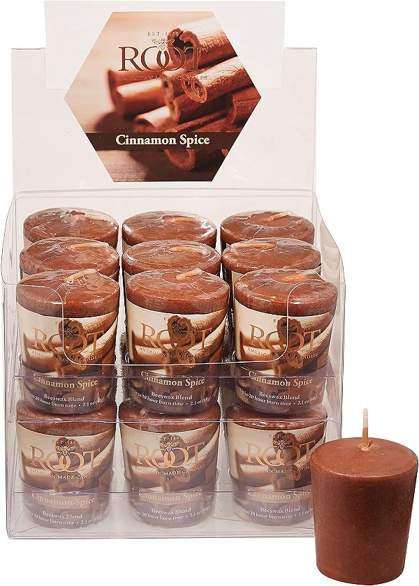 Velas votivas aromatizadas de outono da Root Candles, feitas à mão com mistura premium de cera de abelha, 20 horas de queima, 18 unidades, aroma de canela e especiarias.