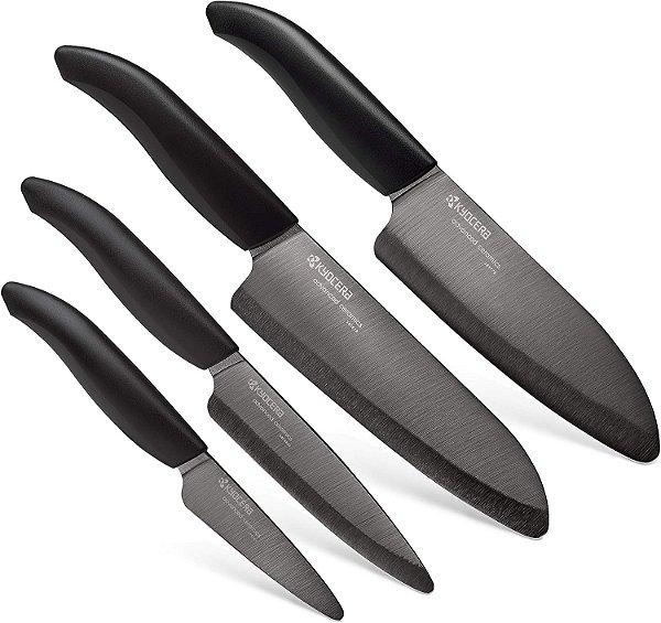 Conjunto de facas cerâmicas Revolution de 4 peças da Kyocera: Faca de chef para suas necessidades de cozinha, inclui facas Santoku de 6, Santoku de 5,5, utilitária de 4,5 e