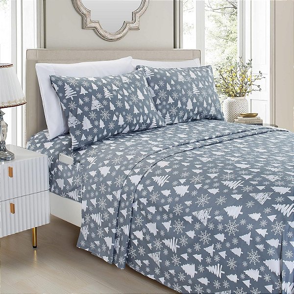 Jogo de Cama de Luxo Elegante e Confortável com Estampa de Feriado 1500 Fibras Premium de Qualidade de Hotel - Maciez Resistente a Rugas e Desbotamento (4 peças), Solteiro, Árvore de Natal