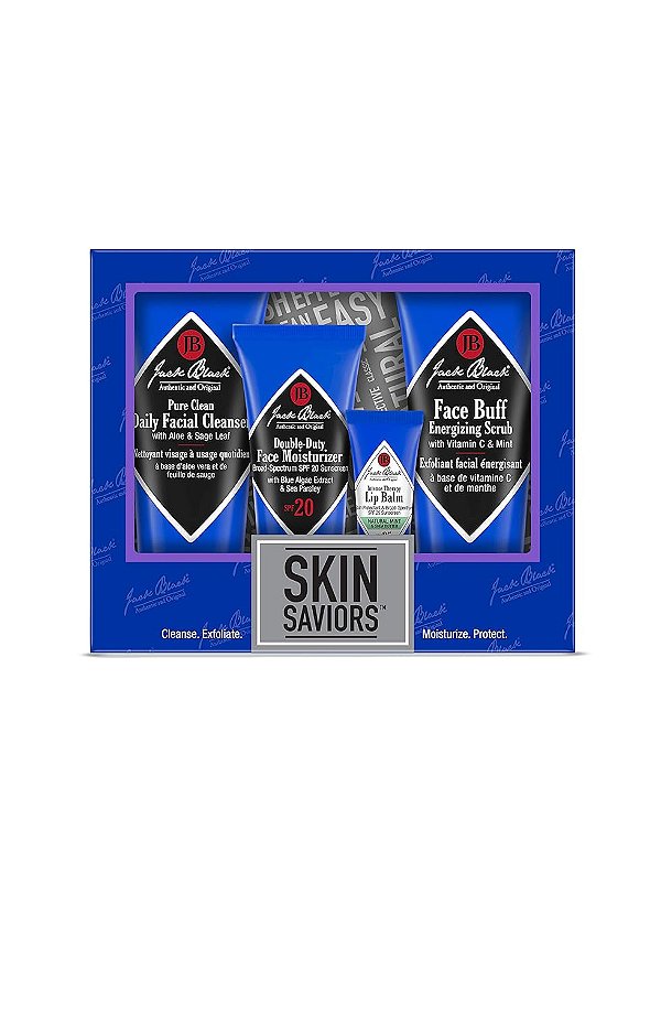 Conjunto de Salvadores da Pele Jack Black - Limpeza Diária Facial Pura, Hidratante Facial 2 em 1 SPF 20, Bálsamo Labial Intense Therapy SPF 25 Menta Natural & Manteiga de Karité e Esfol