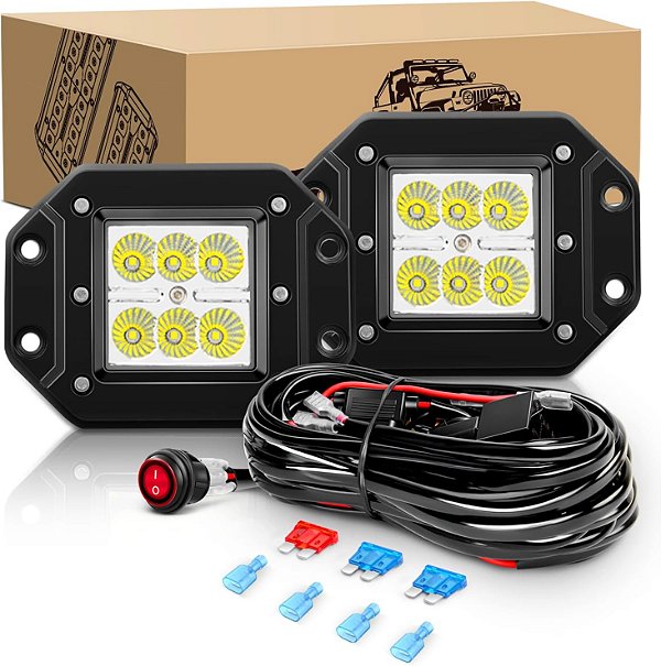 Barra de luz LED GOOACC 2 PCS 18W Flood Led Pods LED Work Light Flush Mount Backup Fog Lights Driving Lamp com kit de fiação off road para Truck Dodge Ram Bumper Boat 4x4 (Auto-204)