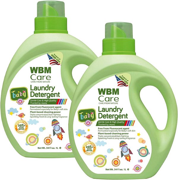 Detergente para a roupa WBM, Detergente para a roupa líquido à base de plantas, 50 cargas no total, 34 fl oz/cada - Pacote com 2 unidades.