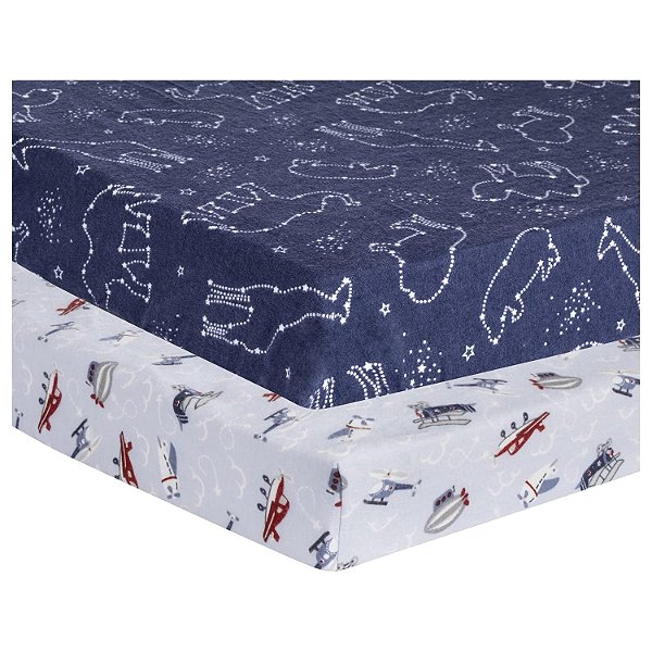 Conjunto de 2 lençóis de flanela para cercadinho Sky Traveler - Viagem Aérea - Branco, Vermelho, Azul, Cinza; Safári Estrelado - Branco, Marinho; Serve para colchão de cercad