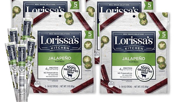 Pacotes de lanche de carne da Lorissa's Kitchen, Palitos de carne seca apimentada de boi alimentado com capim, Jalapeno - Amigável ao Keto, 4g de proteína, Sem nitratos ou nitritos adicionados,