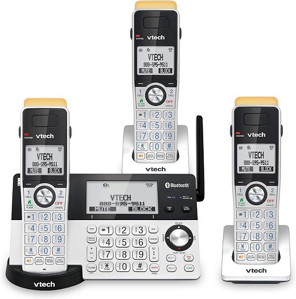 Telefone sem fio VTech IS8151-3 Super Long Range com 3 ramais e tecnologia DECT 6.0 para casa, com atendedor de chamadas, alcance de 2300 pés, bloqueio de chamadas, Bluetooth, entrada para headset, backup
