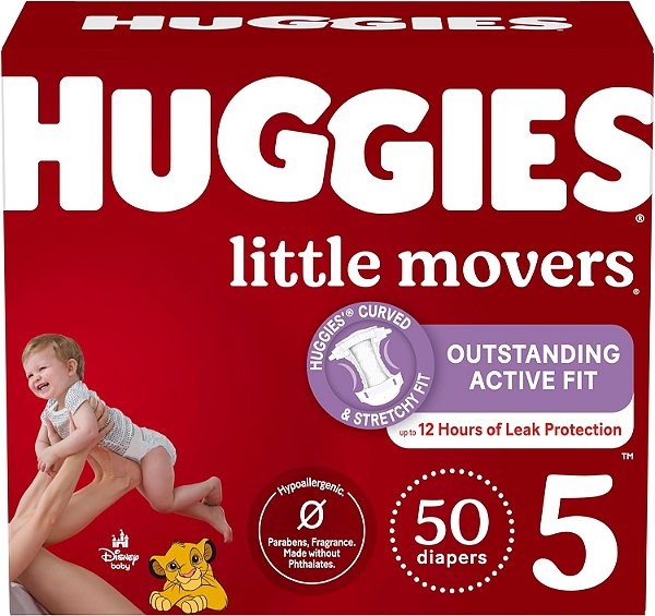 Fraldas Huggies Tamanho 5, Fraldas Little Movers para Bebês, Tamanho 5 (12+ kg), Pacote com 50 unidades