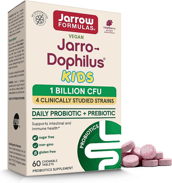 Fórmulas Jarrow Jarro-Dophilus Crianças Probióticos e Prebióticos, Sabor Natural de Framboesa, 60 Tabletes Mastigáveis - Suporta a Saúde Intestinal e Imunológica - 1 Bilhão de