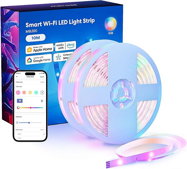 Faixas de LED inteligentes meross funcionam com Apple HomeKit, 32,8 pés WiFi RGB Strip, compatíveis com Siri, Alexa e Google e SmartThings, controle de aplicativo, faixa de luz que muda de cor para quarto e festivais.