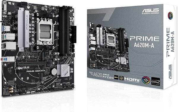 Placa-mãe comercial ASUS Prime A620M-A-CSM AMD AM5 (Ryzen 7000) mATX (PCIe 4.0, DDR5, 2xM.2 Slots, 1Gb LAN, DisplayPort/HDMI, USB 3