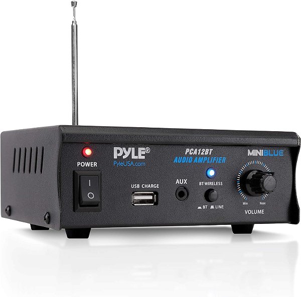 Amplificador estéreo Bluetooth Pyle - Série Mini Blue Amplificador de Potência de Áudio | Streaming Sem Fio | Porta de Carregamento USB | Entrada AUX (3,5mm) | 2 x 25 Watt (PCA12BT)