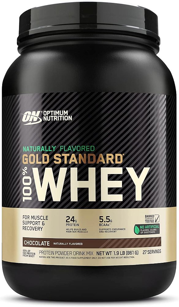 Pó de proteína de soro de leite Optimum Nutrition Gold Standard 100%, sabor natural chocolate, 1,9 libra (embalagem pode variar)