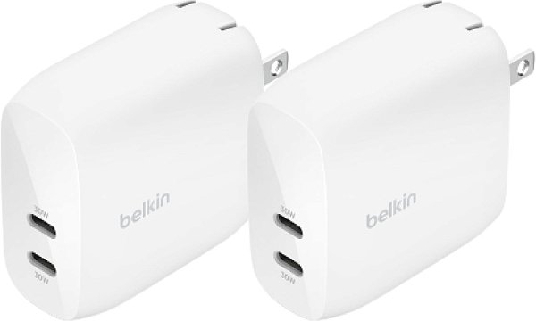 Carregador de parede Belkin BoostCharge Dual USB-C com PPS 60W para Apple iPhone, iPad, Samsung Galaxy, Google Pixel - Compatível com Cabo USB-C para Lightning e USB-C para USB-C - Branco (pacote com 2)