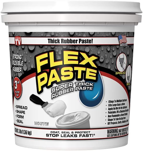 Pasta Flexível, Pote de 3 lb, Branco, Massa Impermeável Pintável, Vedante de Rejunte, Preenche Lacunas, Rachaduras e Buracos - Bloqueia Água e Ar - Resistente aos Raios UV - P