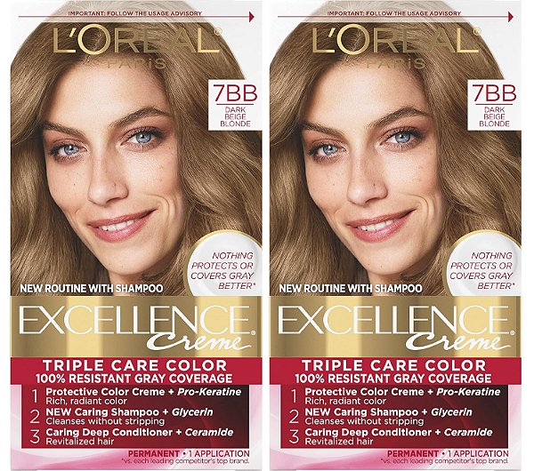 L'Oreal Paris Excellence Creme Coloração Permanente para Cabelos, 7BB Loiro Bege Escuro, 100% Cobertura de Cabelos Grisalhos, Pacote com 2 unidades.