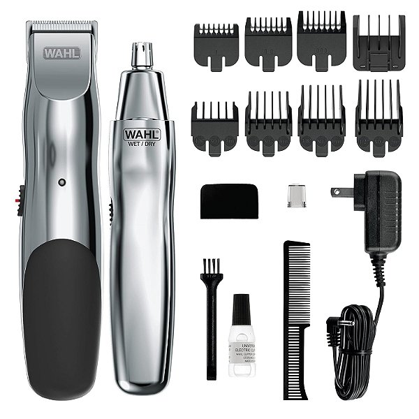 Kit Wahl Groomsman Aparador de Barba Recarregável para Bigodes, Pelos do Nariz, Detalhes Leves e Cuidados Pessoais com Bônus de Aparador de Nariz a Pilha Molhado/Seco - Modelo