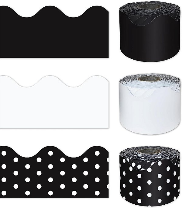 Pacote de 3 rolos de 195 pés de bordas para mural em preto e branco com ondulações da Carson Dellosa - Pacote de bordas para sala de aula para murais, 65 pés por rolo de acabamento para