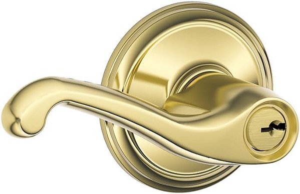 Fechadura de entrada com alavanca de chave Schlage F51A FLA 605 Flair, latão polido