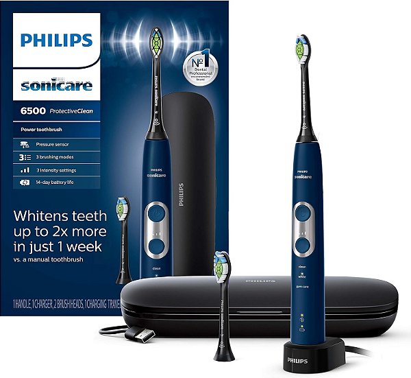 Escova de Dentes Elétrica Recarregável PHILIPS Sonicare ProtectiveClean 6500 com Estojo de Viagem para Carregar e Cabeça de Escova Extra, Azul Marinho, HX6462/07