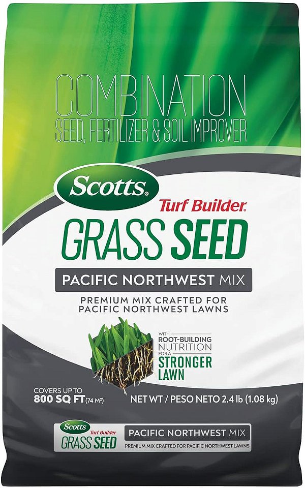 Scotts Turf Builder Semente de Grama Mistura do Noroeste do Pacífico com Fertilizante e Melhorador de Solo, Mix Premium, 2,4 lbs.