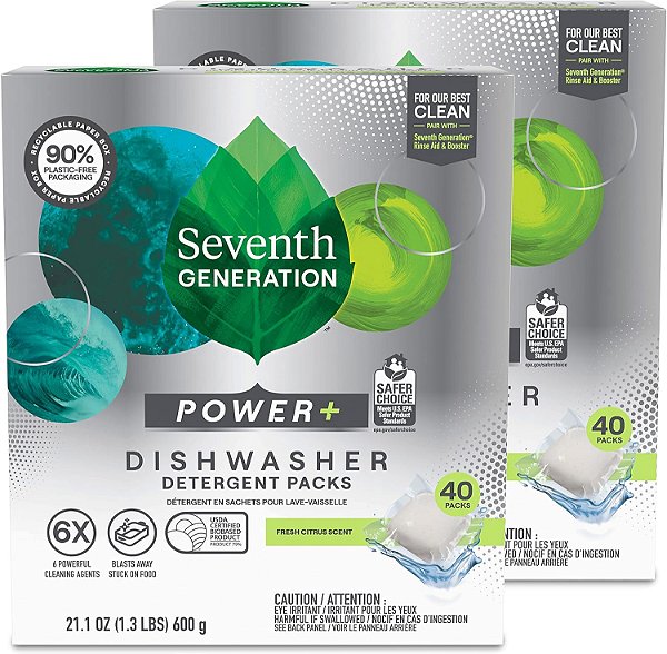 Sétima geração Power+ Detergente para lava-louças para Pratos Brilhantes Tabelas de detergente fresco com aroma de citrinos, 40 unidades, pacote de 2 (Embalagem pode variar)