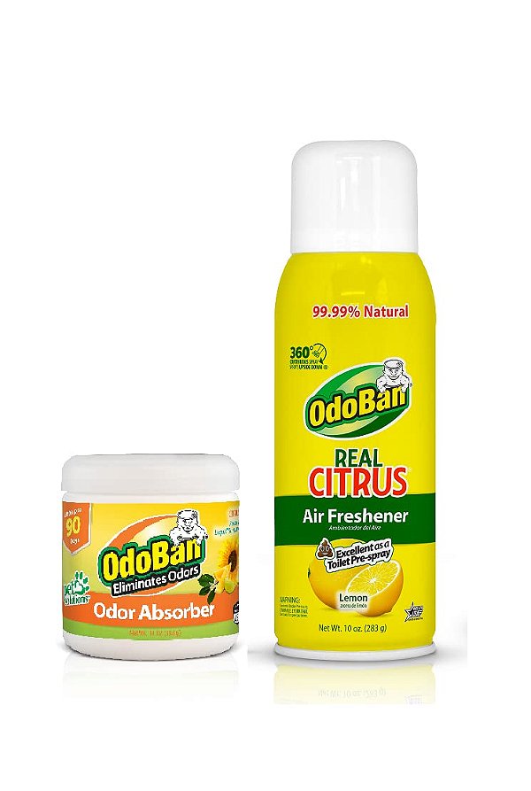 Kit Eliminador de Odores OdoBan, Aerossol 360 Graus de 10 Onças, Spray para Vaso Sanitário com Óleo Natural de Limão Real, e Absorvente de Odor Sólido de 14 Onças.