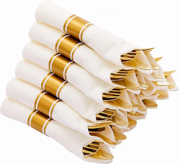Conjunto de Talheres Descartáveis em Plástico Dourado Pré-Rolado N9R 30 Pacote, Conjunto de Talheres em Plástico Prateado Embalado com 30 Garfos, 30 Facas, 30 Col