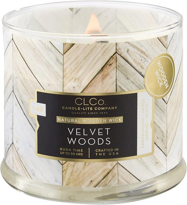 Velas Perfumadas CLCo by Candle-lite Wood Wick, Fragrância Velvet Woods, 14 oz. Única Pavio de Aromaterapia com 90 Horas de Queima, Cor Branca
