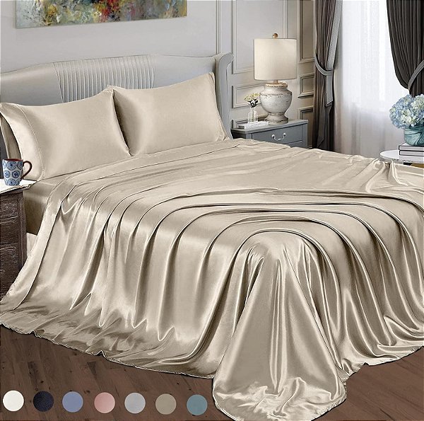 Jogo de Lençol de Cetim Macio Satin Radiance para Cama de Solteiro de Bolso Profundo, em Cetim de Seda Macia, Fronha de Cetim, Durável e Respirável, Marrom, 3 Peças