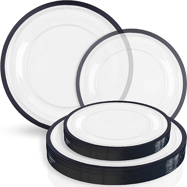 Conjunto de pratos combo Clear With Black Rim da Coleção de Contraste - (7 - 16 unidades & 10 - 16 unidades) Jogo de pratos plásticos redondos descartáveis e reutilizáveis para festas e eventos