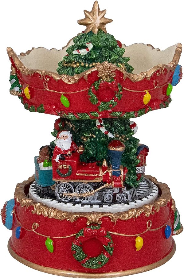 Caixa de música carrossel de Natal do Papai Noel musical, com trem, vermelho e dourado de 6 da Northlight
