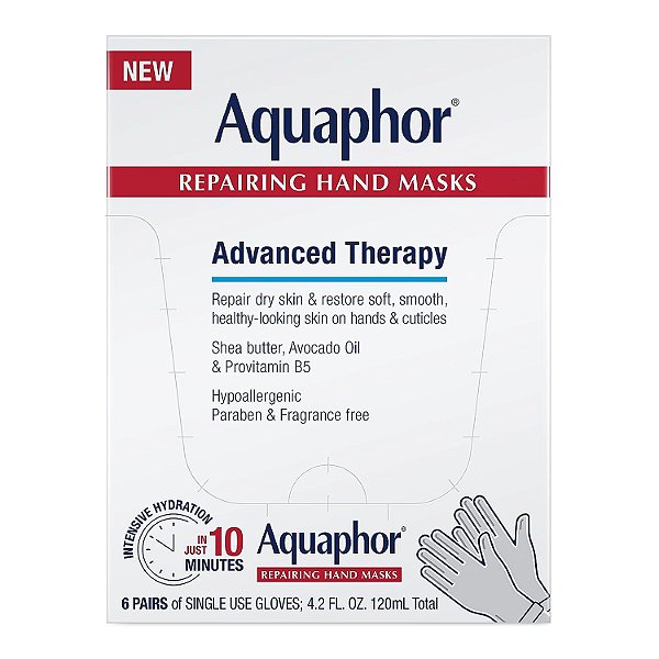 Máscaras de reparação Aquaphor para as mãos, Luvas hidratantes para as mãos secas, Hidratante para as mãos para pele seca com óleo de abacate e manteiga de karité, Pacote com 6
