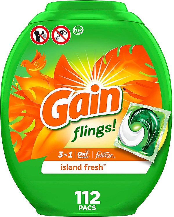 Detergentes líquidos para roupas Gain Flings, fragrância Fresh, 112 unidades, compatível com máquinas de alta eficiência (HE)