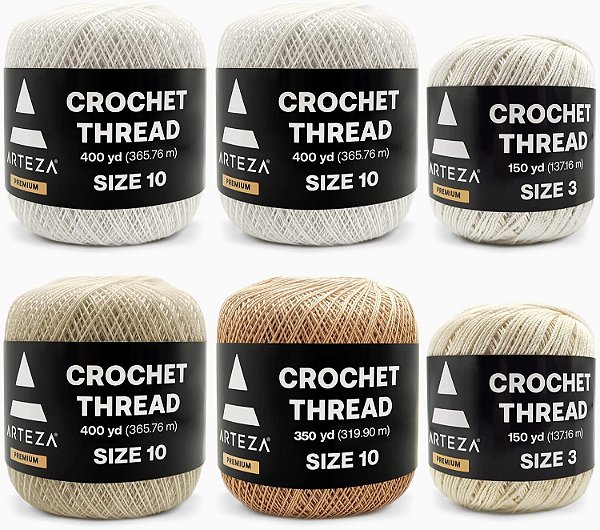 Conjunto de Linhas de Crochê Arteza - Pacote com 6 Fios de Algodão 100% para Crochê, Mercerizados - Tamanho 10 em Branco, Bege & Natural - Tamanho 3 em Branco & Natural - Supr