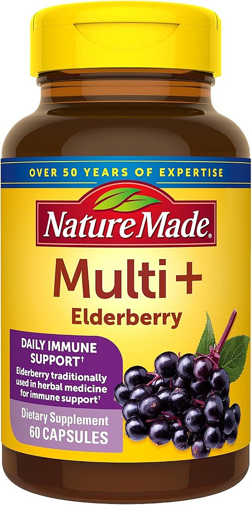Cápsulas Nature Made Multi + Elderberry, Multivitamínico para Suporte Imunológico Diário, Um Multivitamínico por Dia, 60 Unidades.