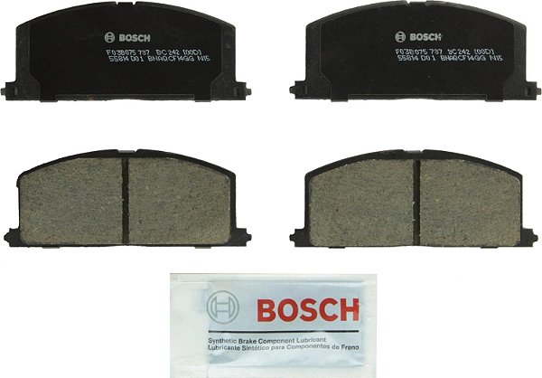 Conjunto de pastilhas de freio a disco cerâmico premium BOSCH BC242 QuietCast - Compatível com Chevrolet Nova; Geo Prizm; Toyota Camry, Celica, Corolla, MR2, Paseo, Tercel; DIANTEIRO