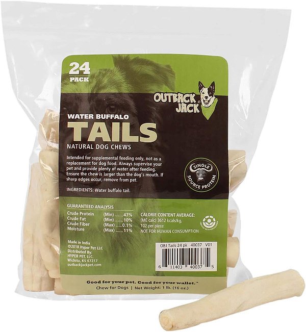 Buffalo Tails Outback Jack Treats para Cachorros 100% naturais, 6 polegadas, saco de 16 onças.