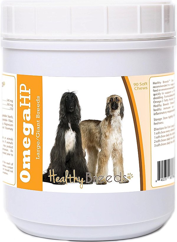 Suplemento de Ácidos Graxos Ômega HP para Suporte à Pele e Pelagem em Mastigáveis Macios com Contagem de 90: Raças Saudáveis Afghan Hound