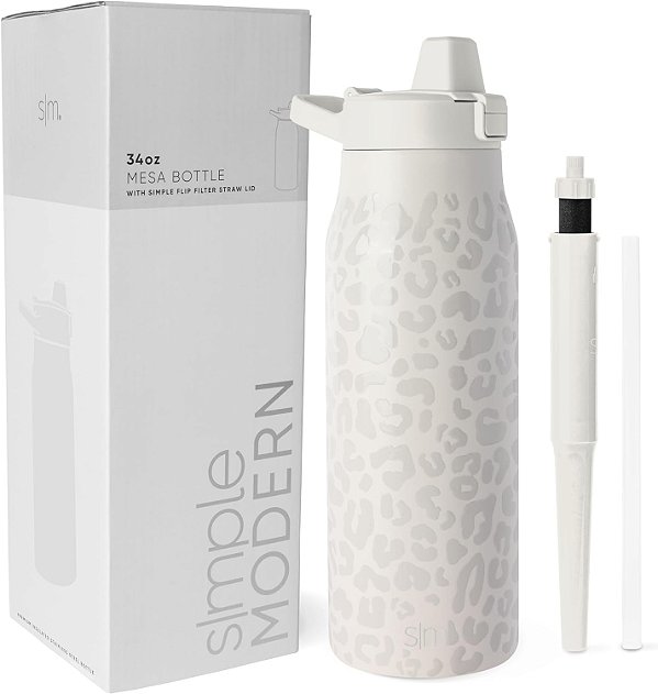 Garrafa de Água Filtrada Simple Modern | Garrafas de água de viagem isoladas de aço inoxidável com filtro de carbono | Reutilizável para água limpa durante o trajeto | Coleção Mesa | 34oz, Leopardo