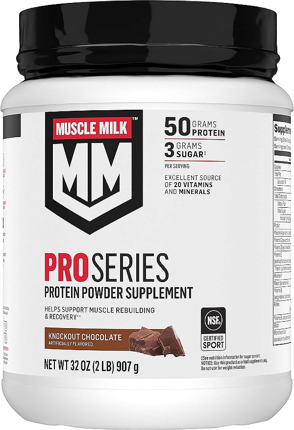 Suplemento em pó de proteína da série Muscle Milk Pro, Chocolate Nocaute, 2 libras, 11 porções, 50g de proteína, 3g de açúcar, 20 vitaminas e minerais, Certificado NSF para Es