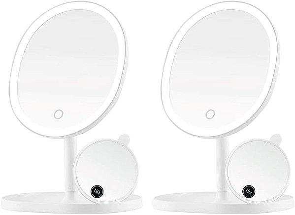Espelho de Maquiagem Iluminado OVENTE com Ampliação, Recarregável 8.5'' de Mesa com Bandeja de Armazenamento, LED Redondo Regulável, Mini Espelho Magnético 10X, Compacto para Viagem, Aliment