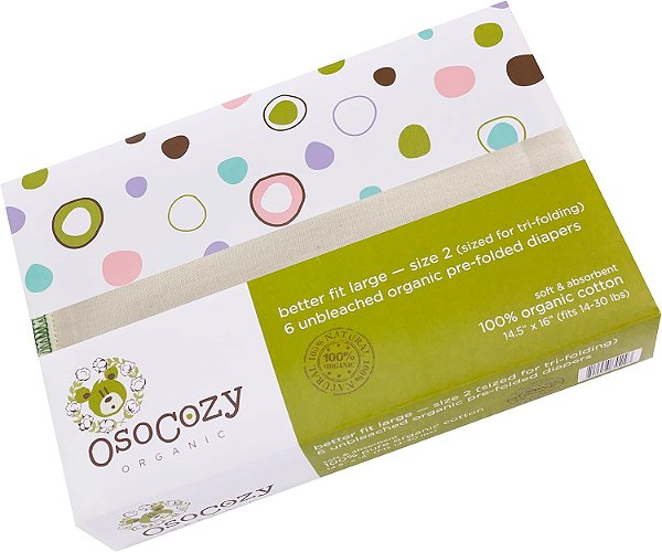 Fraldas de pano pré-dobradas de algodão orgânico OsoCozy Better Fit Large 4x8x4 (pacote com 6) - Super macias, grossas, absorventes, duráveis e ecologicamente mais amigáveis