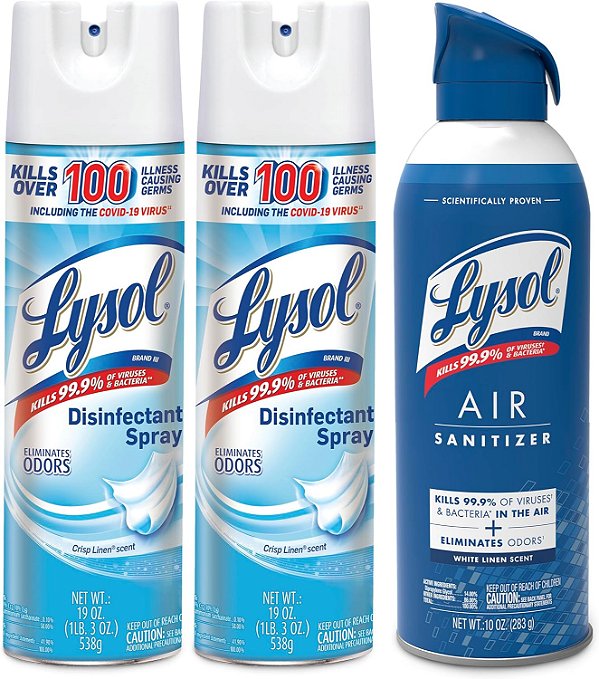 Pacote Lysol contendo x2 Lysol Spray Desinfetante para Superfícies Rígidas e Macias, Linho Fresco, 19 Fl. Oz + Lysol Spray Sanitizante de Ar, Para Sanitização de Ar e Elim